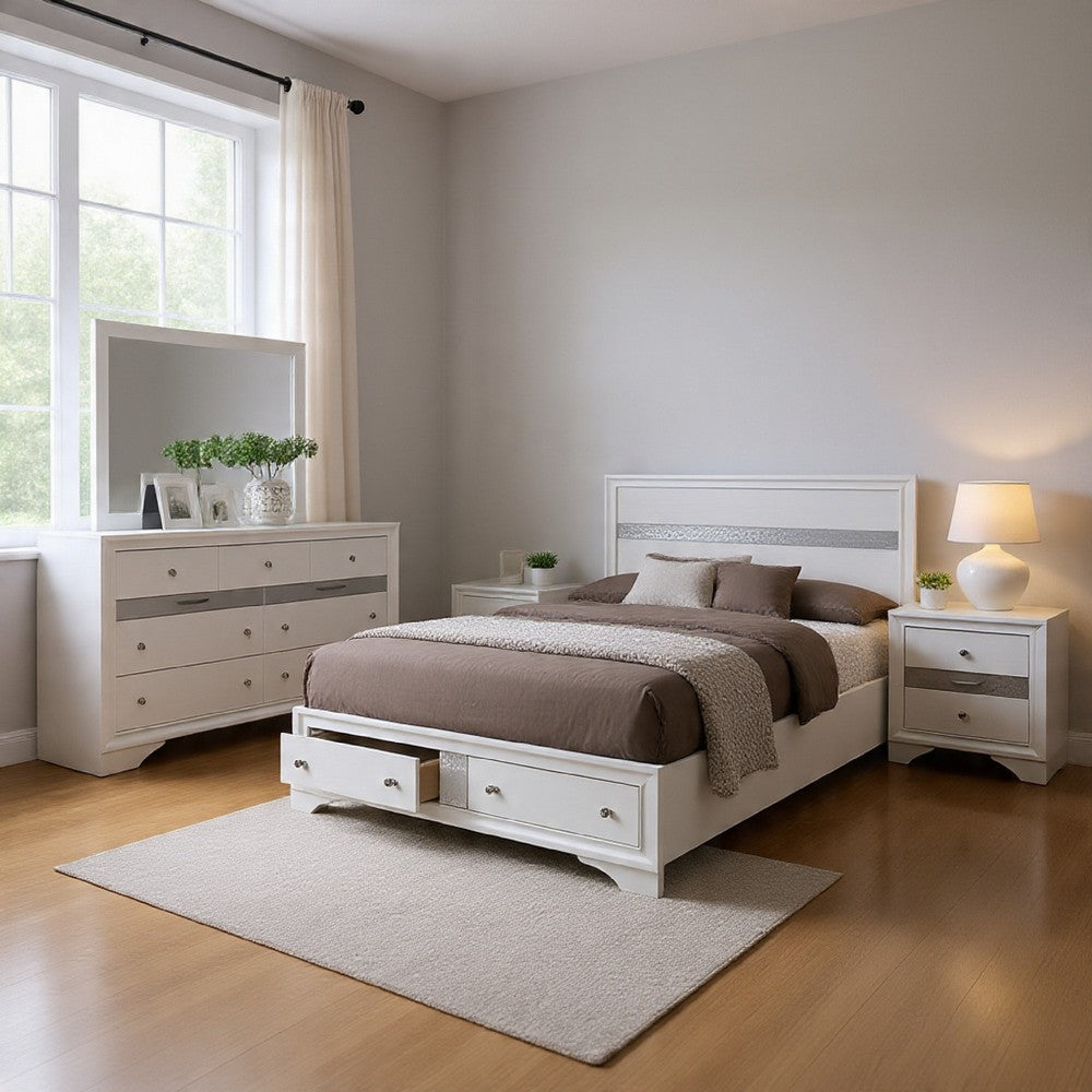 Cevy 4pc Queen Bedroom Set w Dresser | Silver Accents | White Wood
