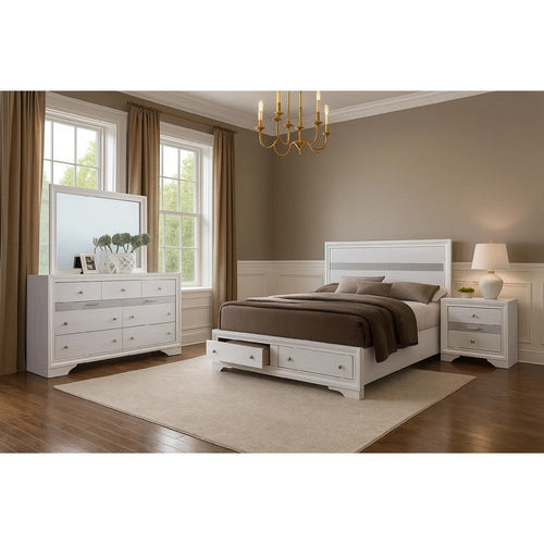 Cevy 4pc Queen Bedroom Set w Dresser | Silver Accents | White Wood
