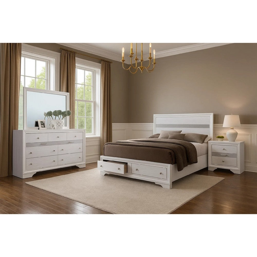 Cevy 4pc Queen Bedroom Set w Dresser | Silver Accents | White Wood