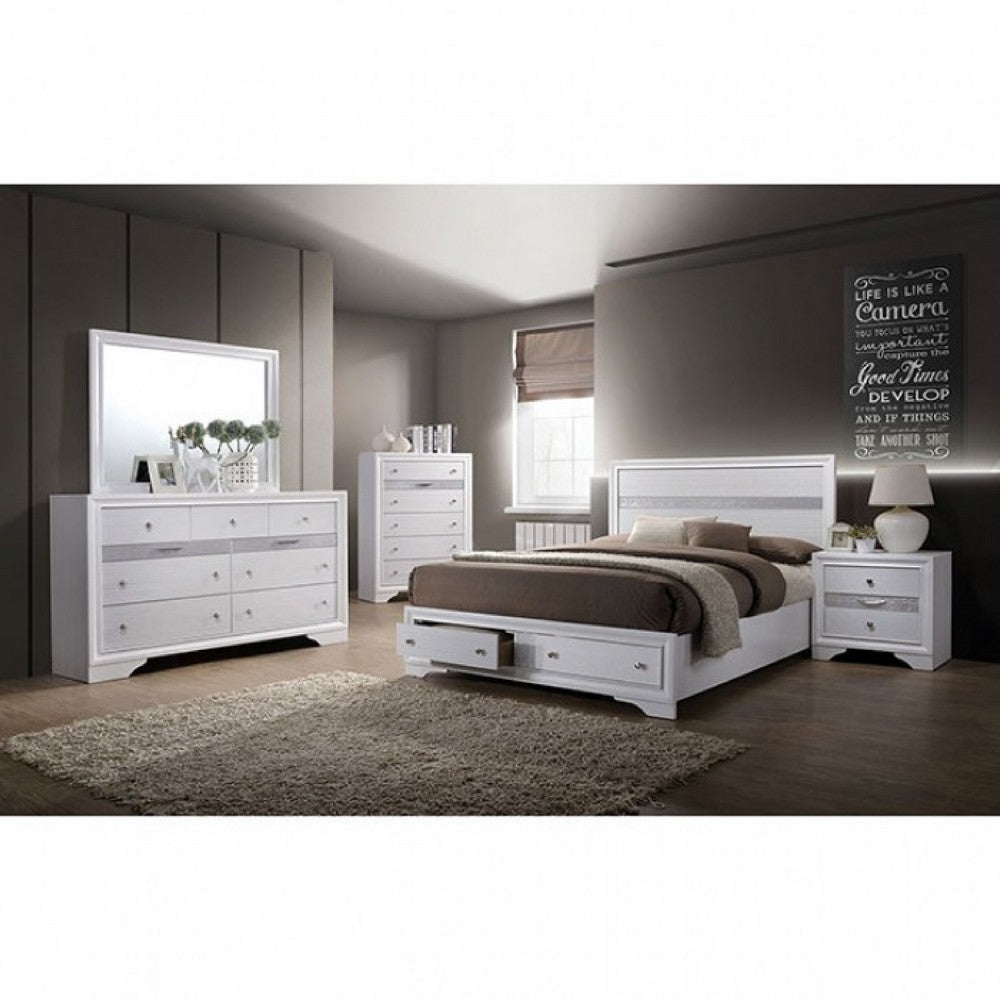 Cevy 5pc Queen Bedroom Set | 2 Nightstands | Silver Accents | White Wood