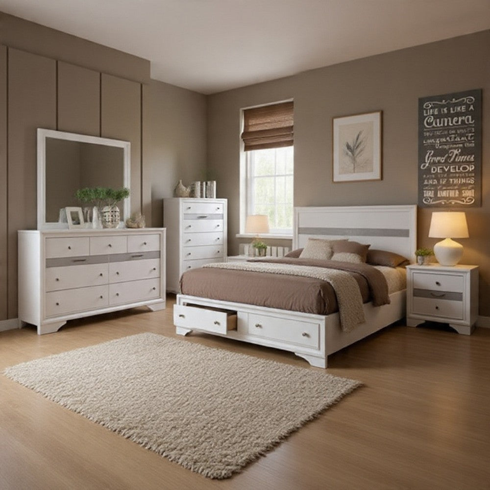 Cevy 5pc Queen Bedroom Set | 2 Nightstands | Silver Accents | White Wood
