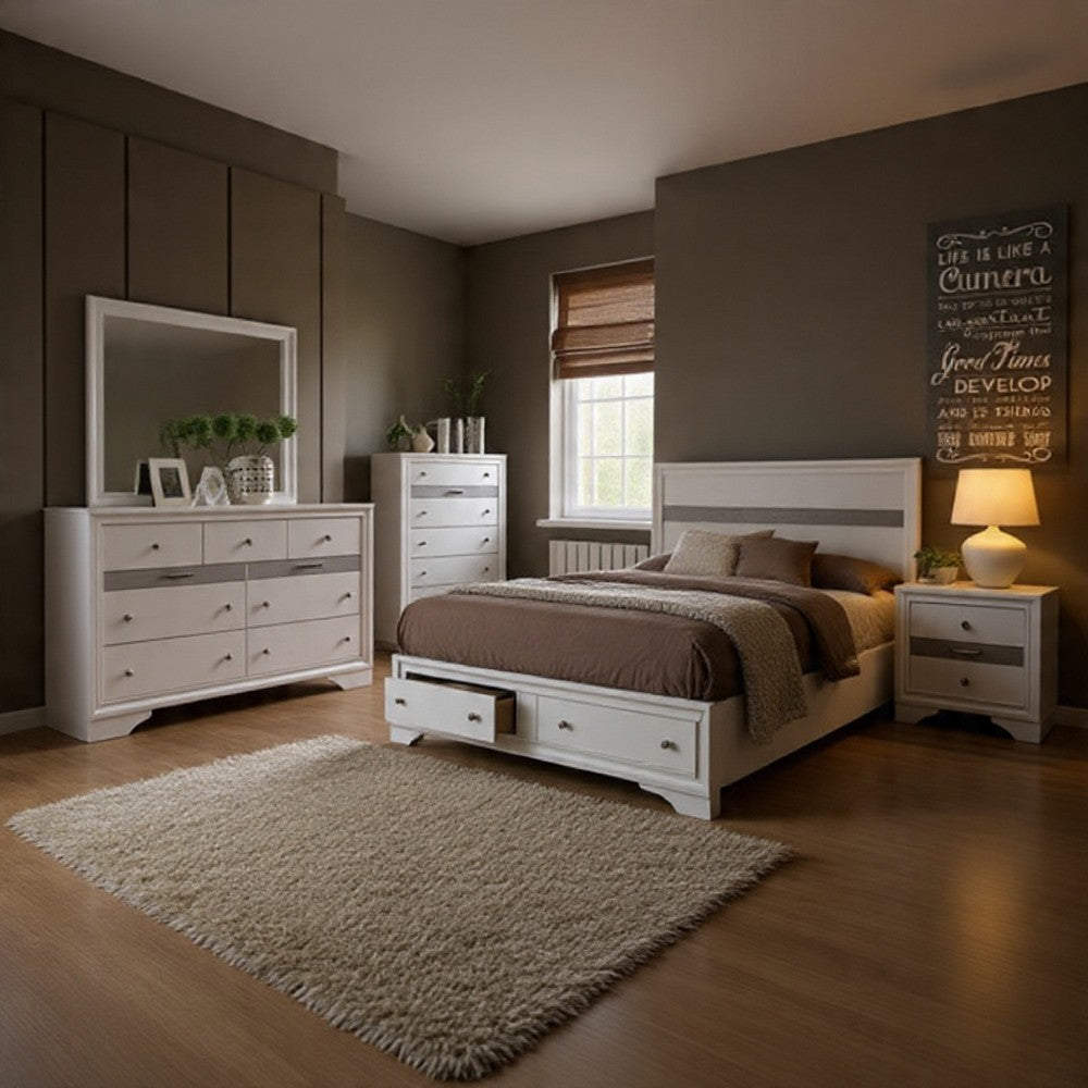 Cevy 5pc Queen Bedroom Set | 2 Nightstands | Silver Accents | White Wood