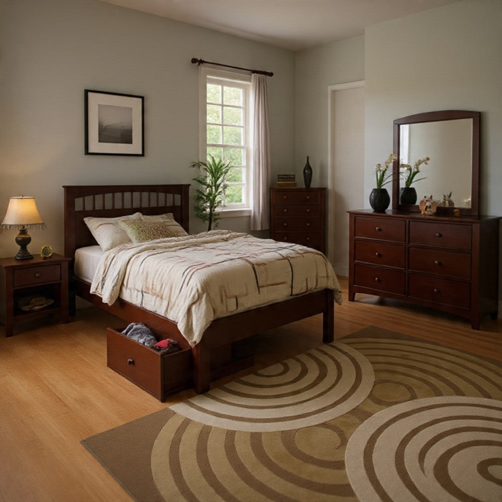Resy 4pc Twin Bedroom Set w Panel Headboard | Cherry Brown Solid Wood