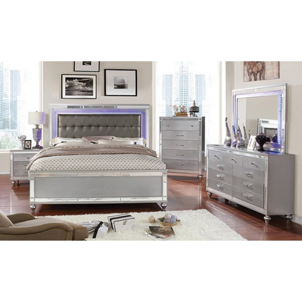 Reya 4pc Queen Bedroom Set w LED Headboard | Mirror Trim | Silver