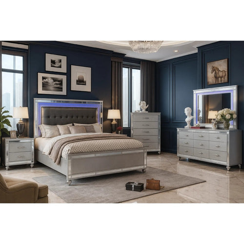 Reya 4pc Queen Bedroom Set w LED Headboard | Mirror Trim | Silver
