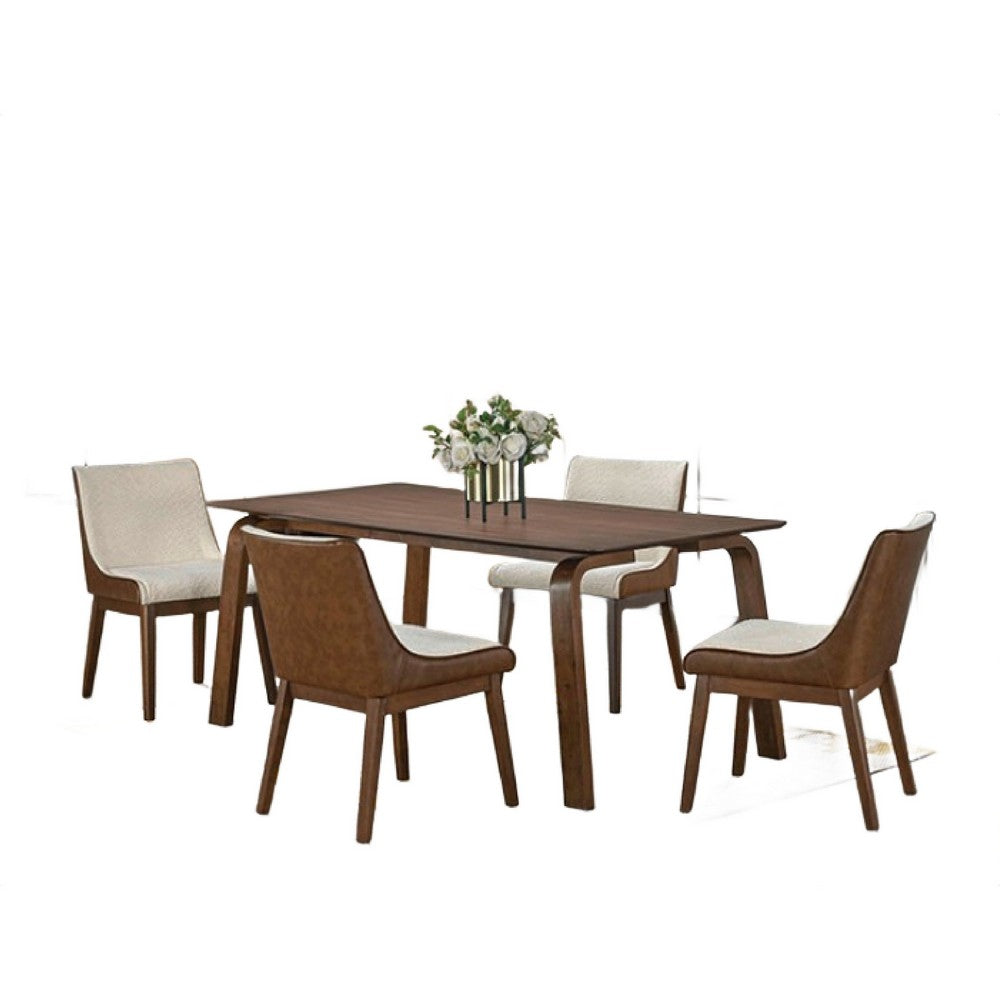 Iken 5pc Dining Table Set | 4 Cream Fabric Chairs | Tapered Brown Wood