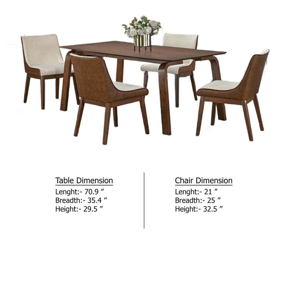 Iken 5pc Dining Table Set | 4 Cream Fabric Chairs | Tapered Brown Wood