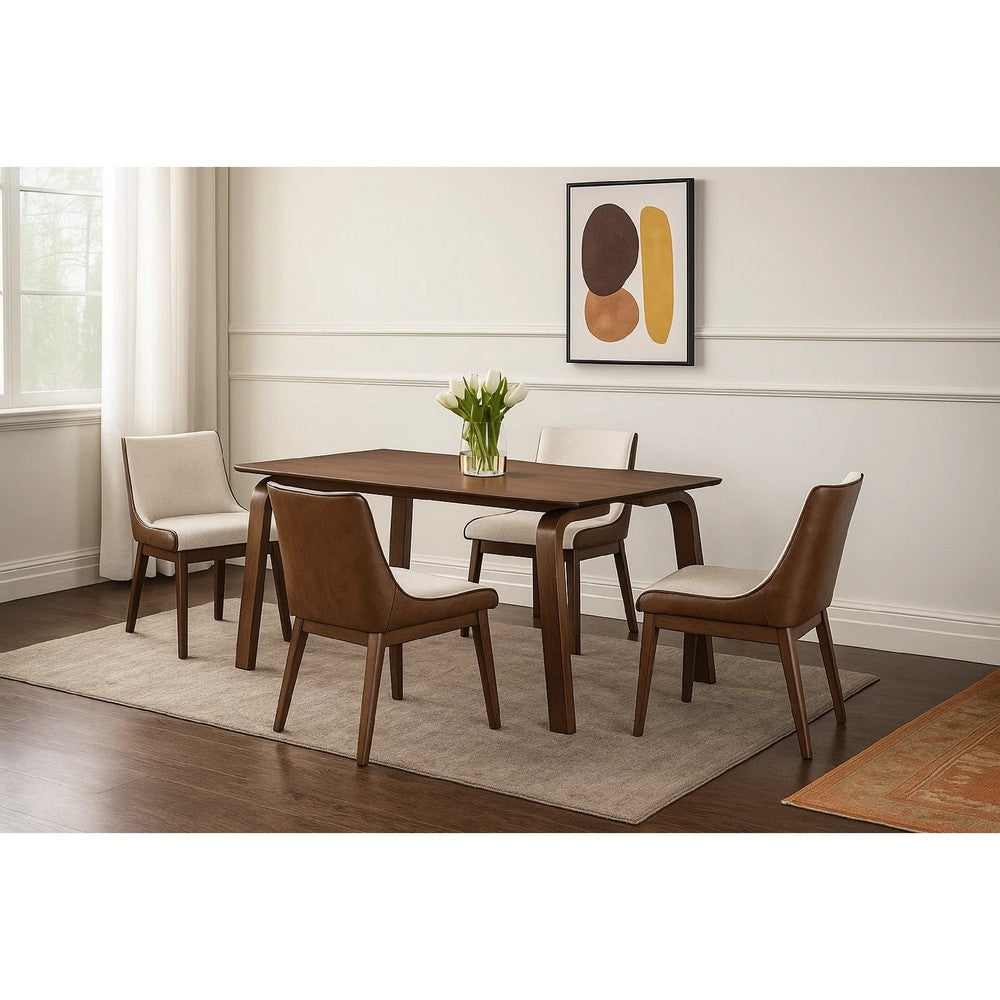 Iken 5pc Dining Table Set | 4 Cream Fabric Chairs | Tapered Brown Wood