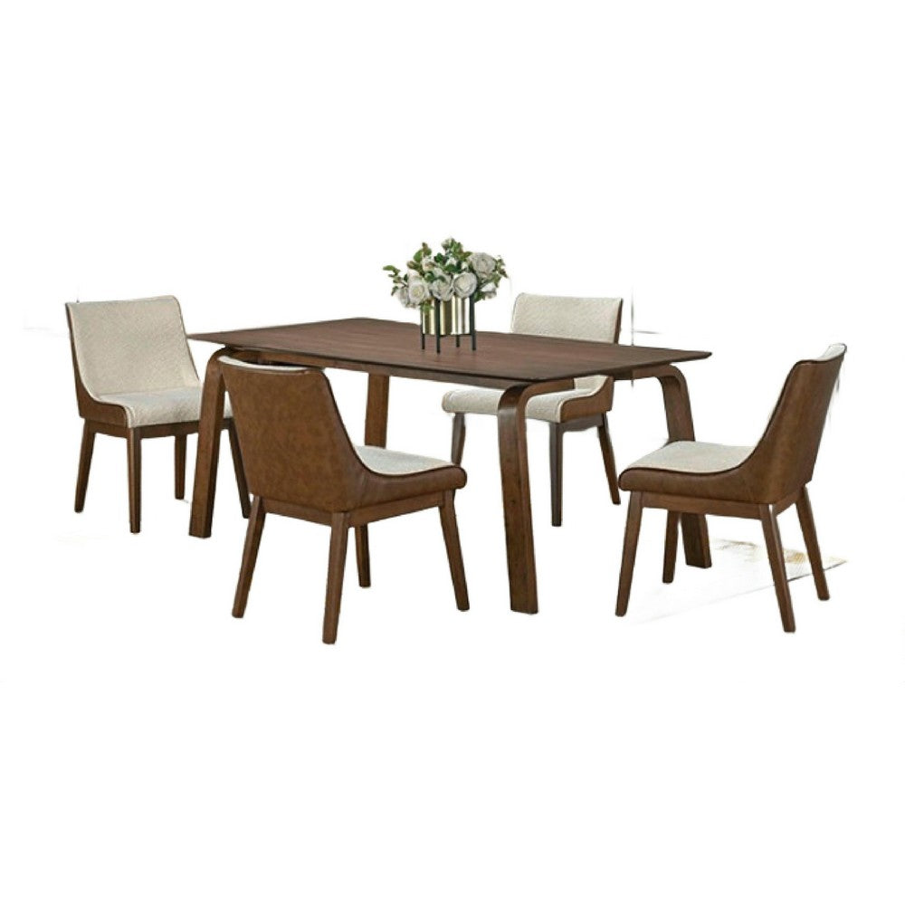 Iken 7pc Dining Table Set | 6 Cream Fabric Chair | Tapered Brown Wood