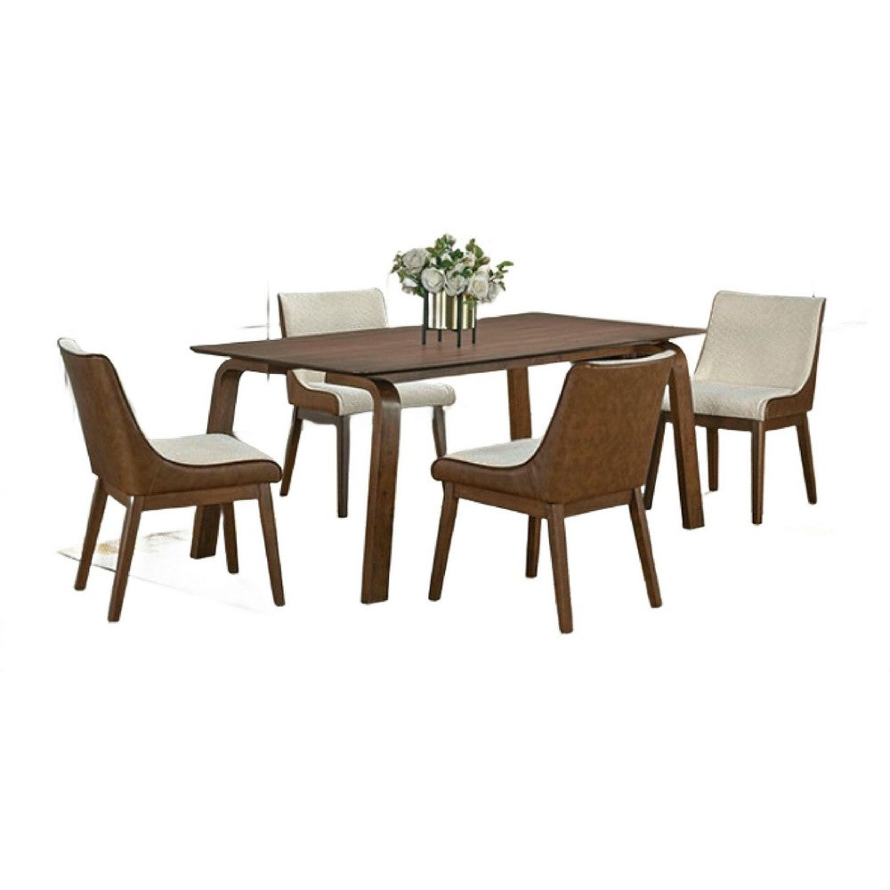 Iken 7pc Dining Table Set | 6 Cream Fabric Chair | Tapered Brown Wood