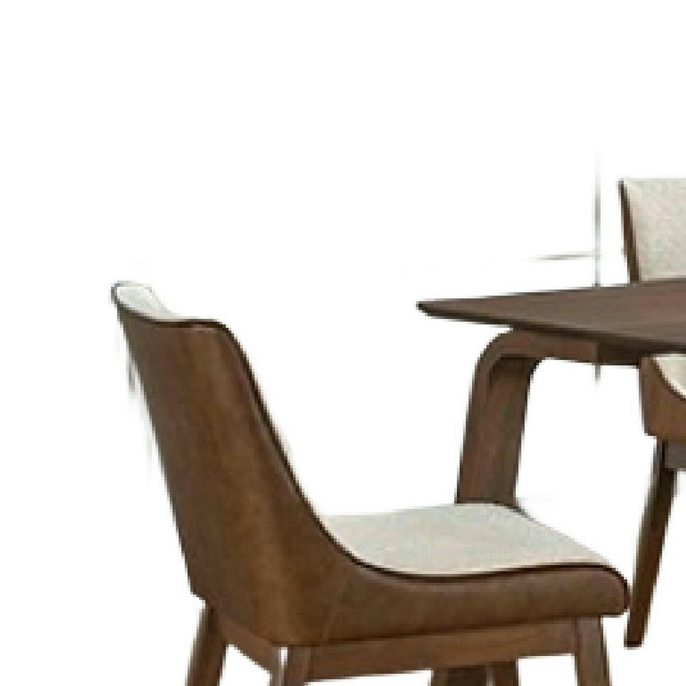 Iken 7pc Dining Table Set | 6 Cream Fabric Chair | Tapered Brown Wood