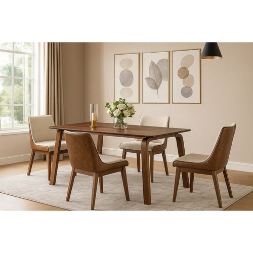 Iken 7pc Dining Table Set | 6 Cream Fabric Chair | Tapered Brown Wood
