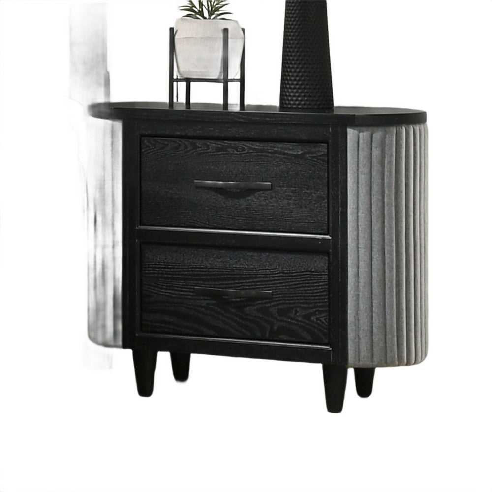 Sevy Nightstand | Black | Gray Reeded Fabric Sides | 2 Drawers | 33"