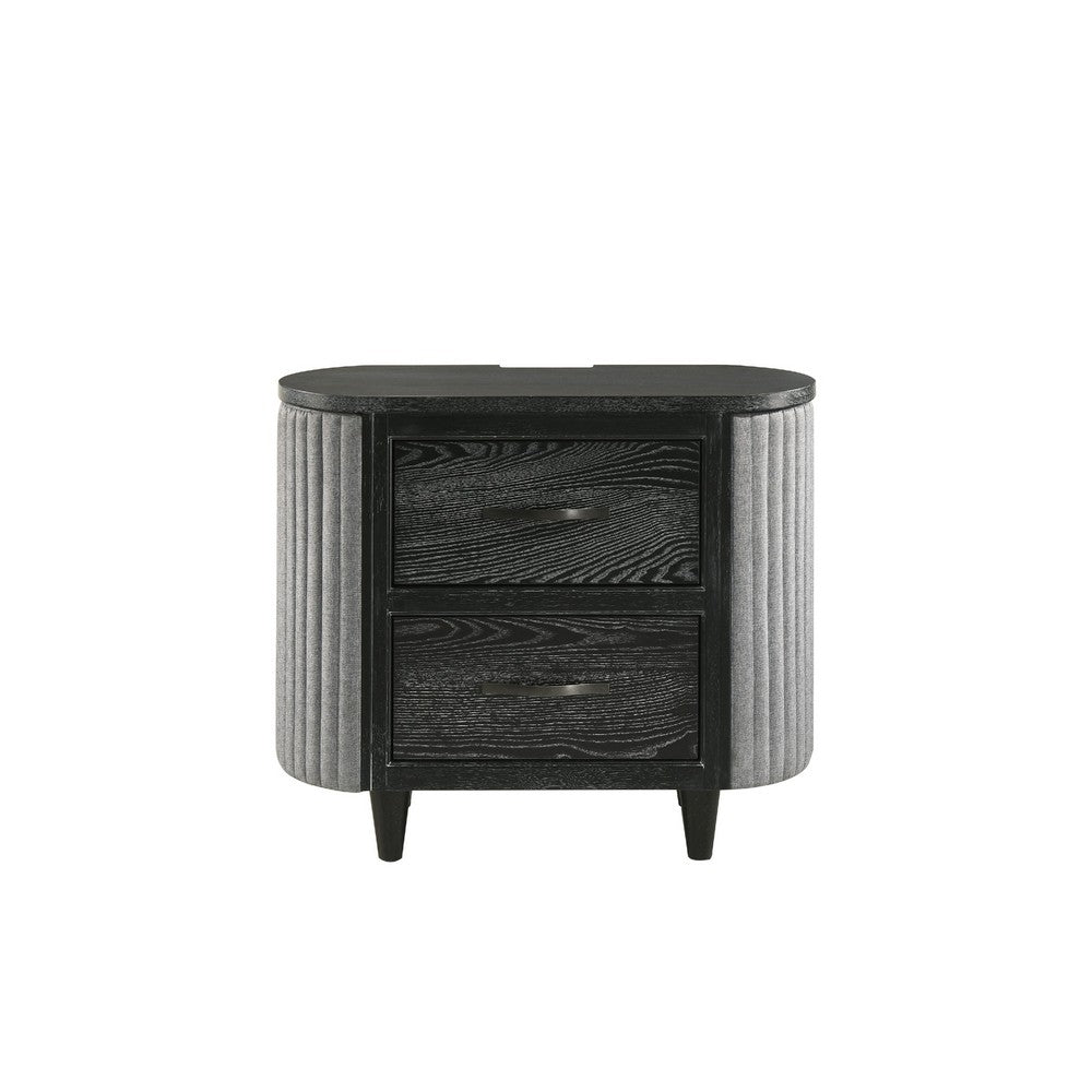 Sevy Nightstand | Black | Gray Reeded Fabric Sides | 2 Drawers | 33"
