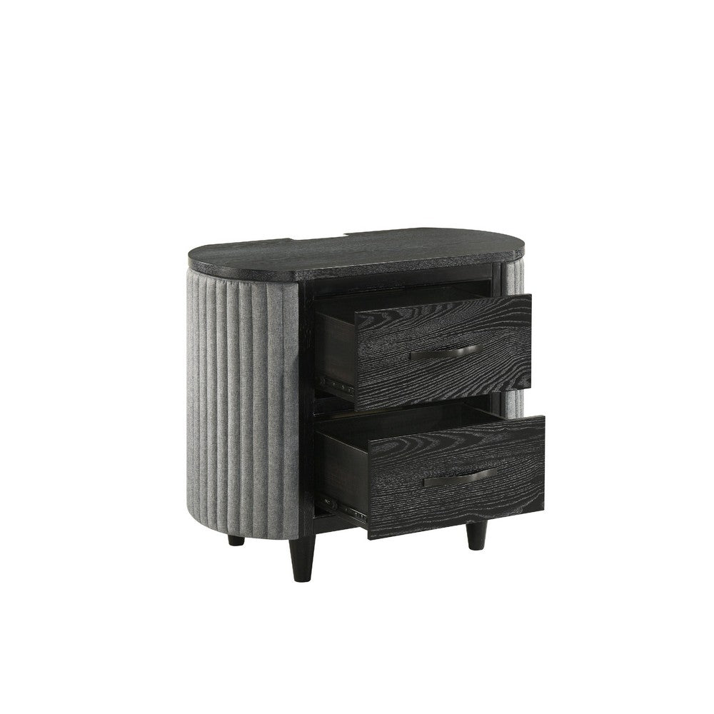 Sevy Nightstand | Black | Gray Reeded Fabric Sides | 2 Drawers | 33"