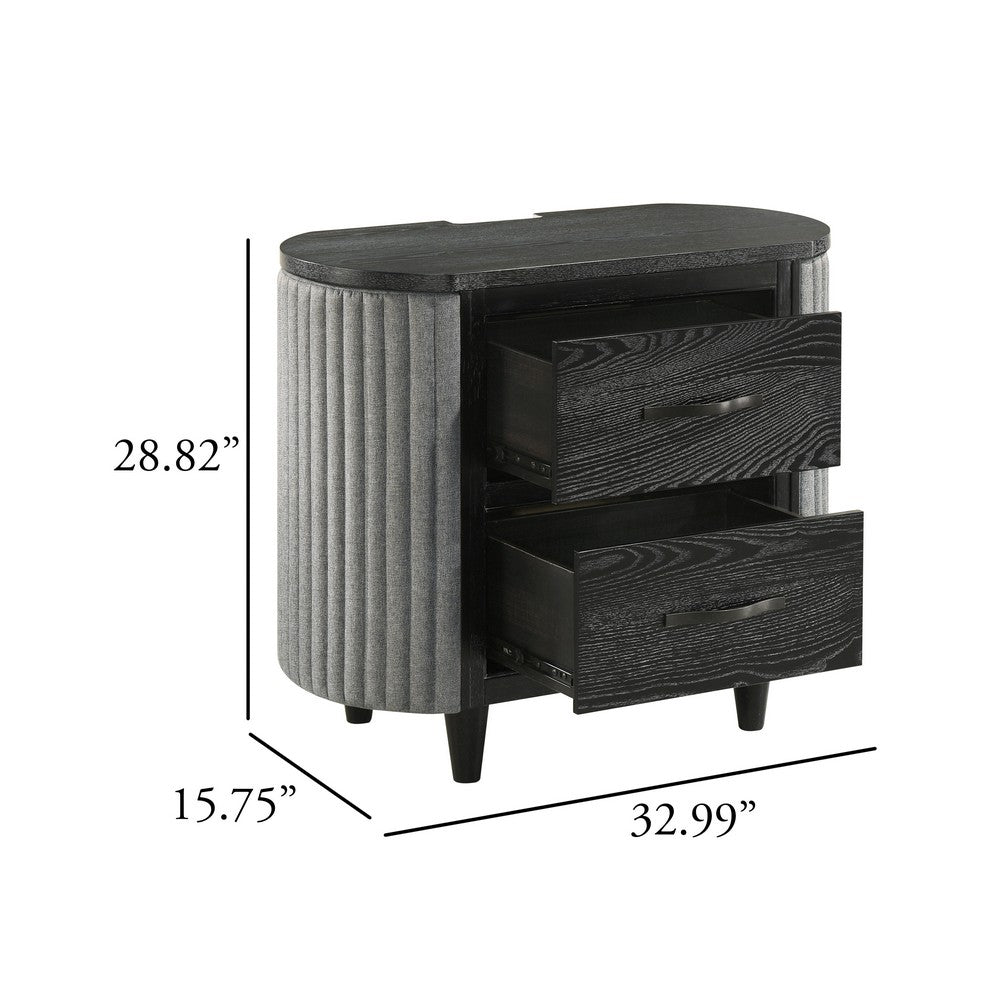 Sevy Nightstand | Black | Gray Reeded Fabric Sides | 2 Drawers | 33"
