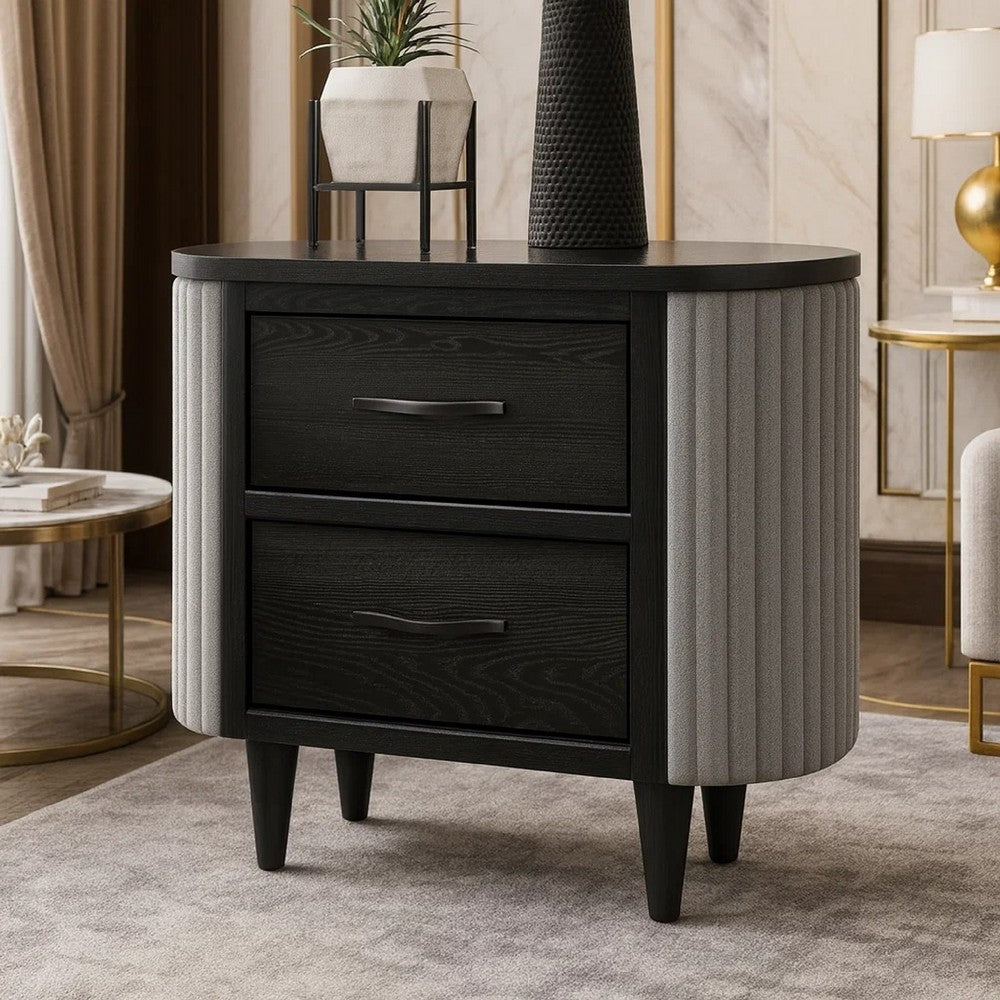 Sevy Nightstand | Black | Gray Reeded Fabric Sides | 2 Drawers | 33"