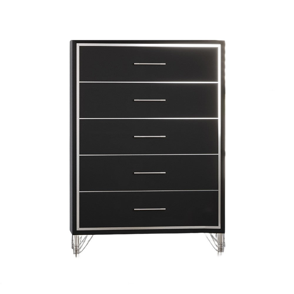 Zoe Tall Dresser Chest | Modern Ebony Black & Silver | 5 Drawers