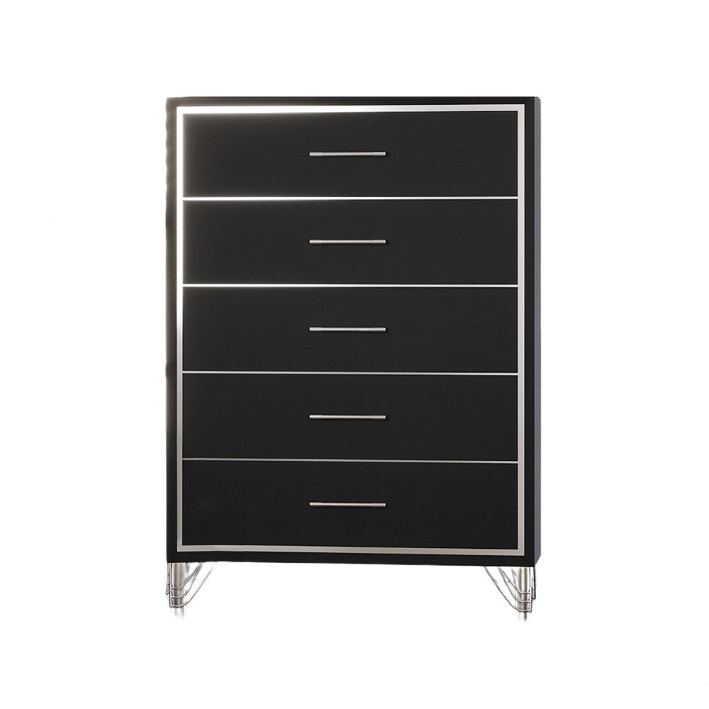 Zoe Tall Dresser Chest | Modern Ebony Black & Silver | 5 Drawers
