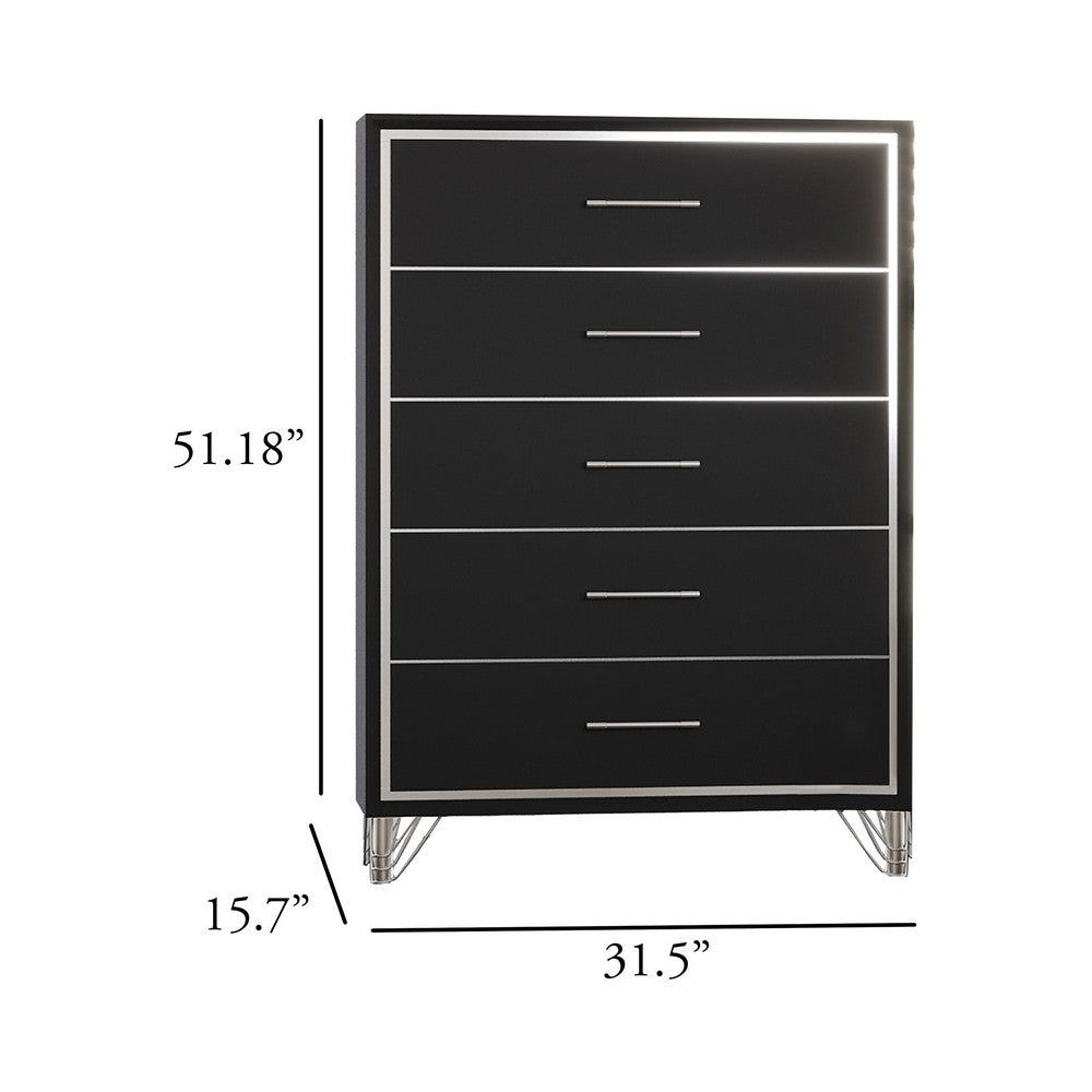 Zoe Tall Dresser Chest | Modern Ebony Black & Silver | 5 Drawers