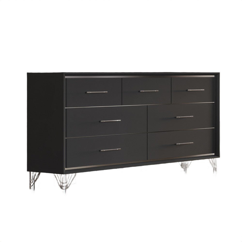 Zoe Wide Dresser | Modern Ebony Black & Silver | 7 Drawers | Chrome