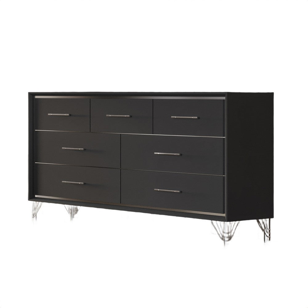 Zoe Wide Dresser | Modern Ebony Black & Silver | 7 Drawers | Chrome