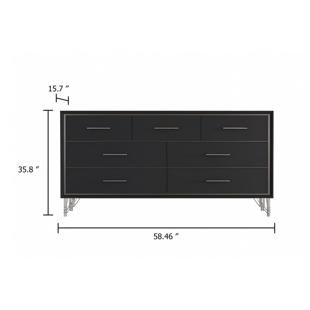 Zoe Wide Dresser | Modern Ebony Black & Silver | 7 Drawers | Chrome