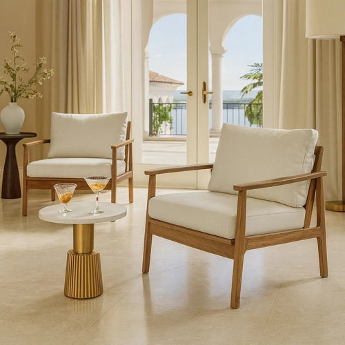 Anya Patio Club Chair Set of 2 | Natural Beige Sundura Fabric| Brown Acacia Wood