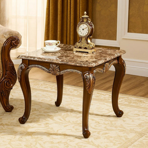 Liana End Table | Classic Cherry Brown Pine Wood | Ornate Carvings | 28"