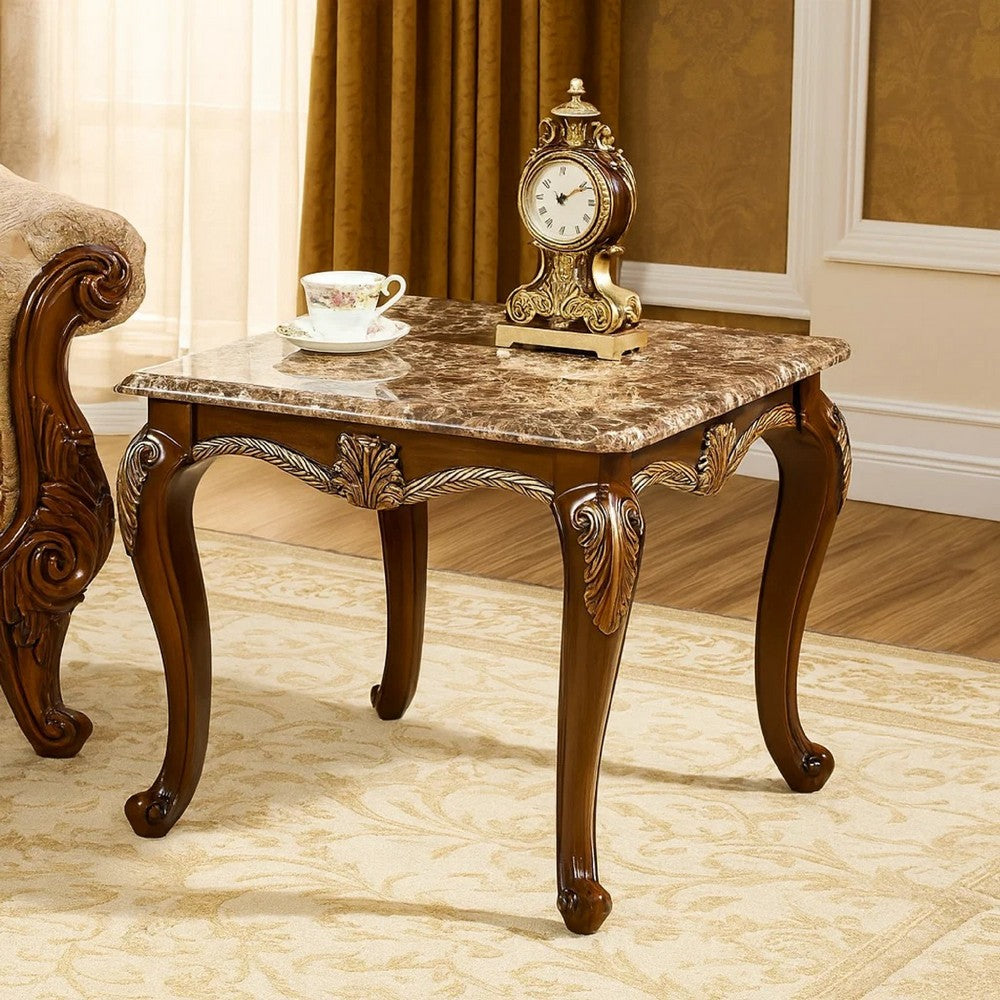 Liana End Table | Classic Cherry Brown Pine Wood | Ornate Carvings | 28"
