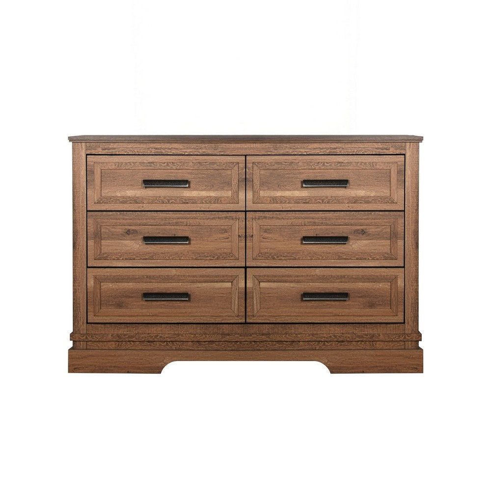 Covy 60" Wide Dresser | Pecan Brown Wood Finish | 6 Drawers | Metal Handles