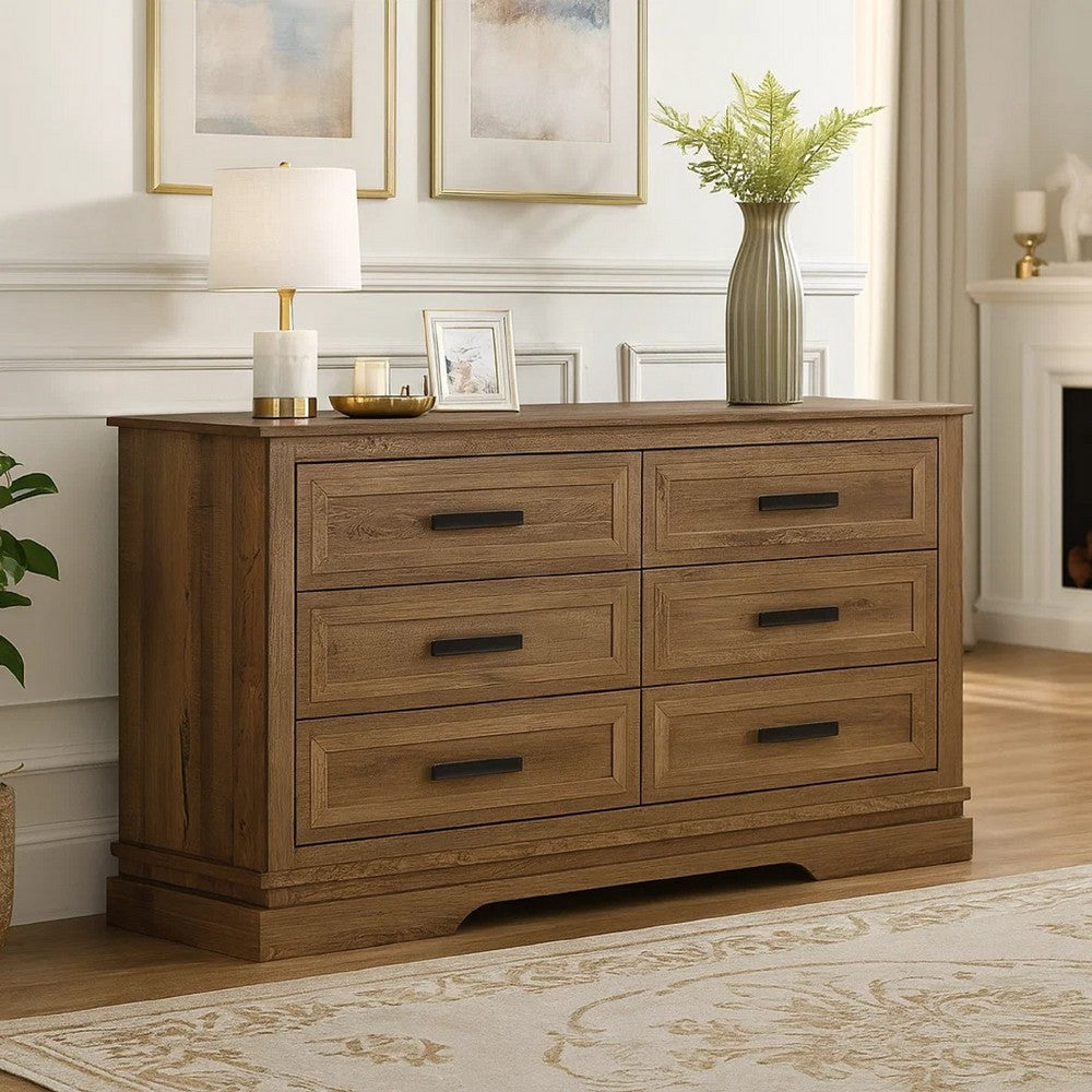 Covy 60" Wide Dresser | Pecan Brown Wood Finish | 6 Drawers | Metal Handles Covy 60" Wide Dresser | Pecan Brown Wood Finish | 6 Drawers | Metal Handles