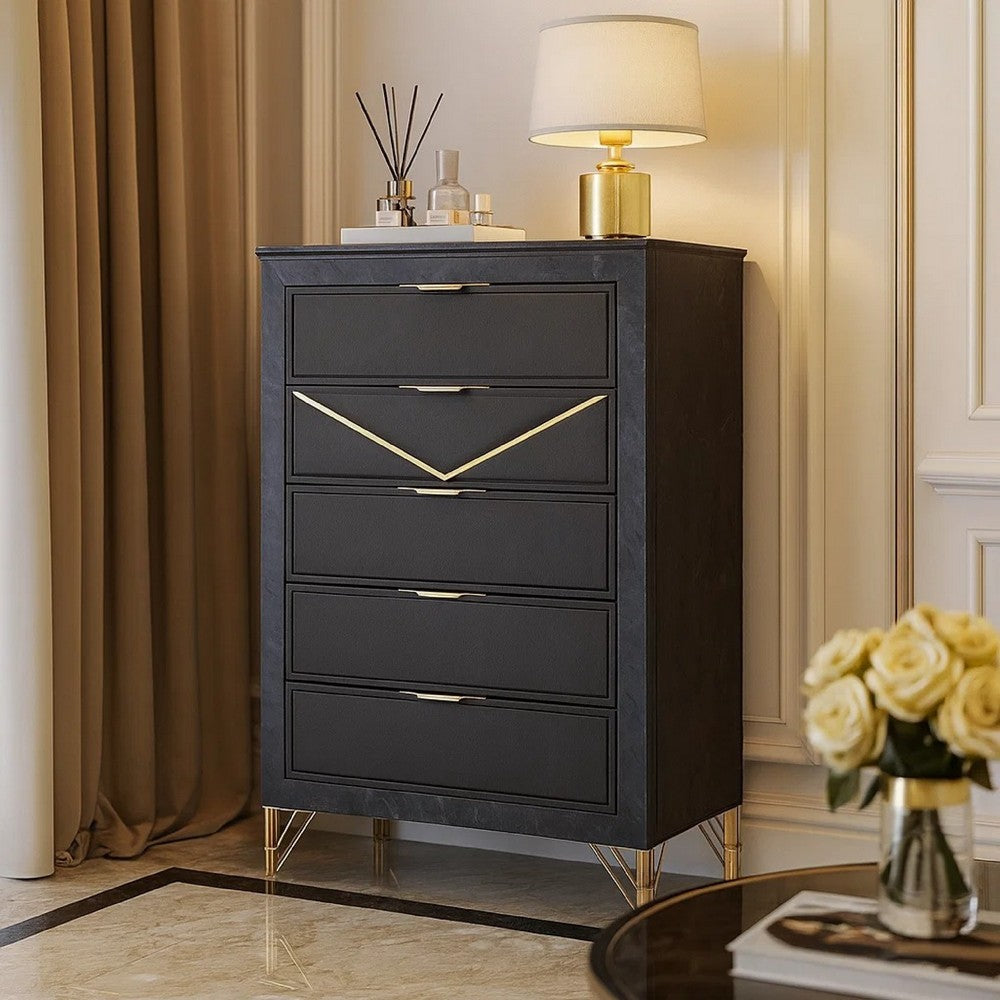 Semy Tall Dresser Chest | Charcoal Gray Marble Laminate | Gold