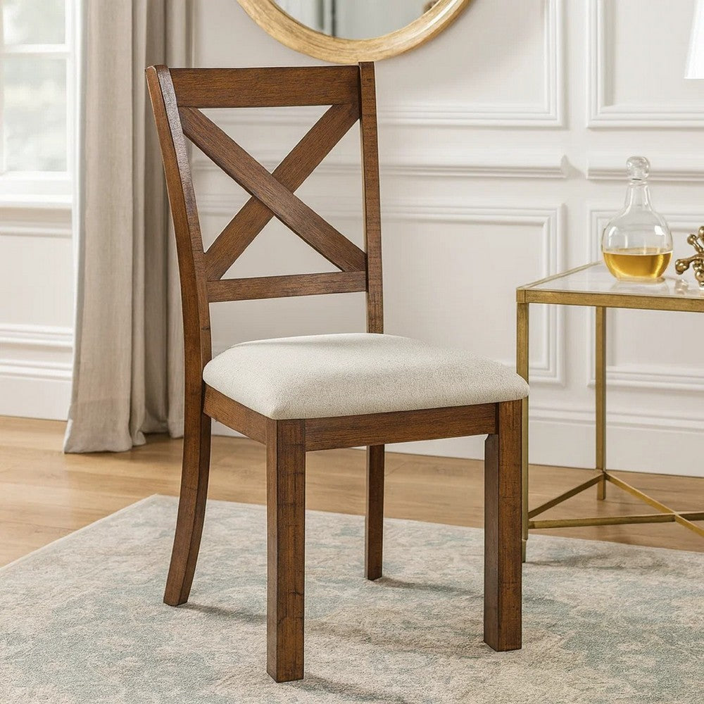 Alex Dining Side Chair Set of 2 | Beige Polyester Seat | Wood Cross Back