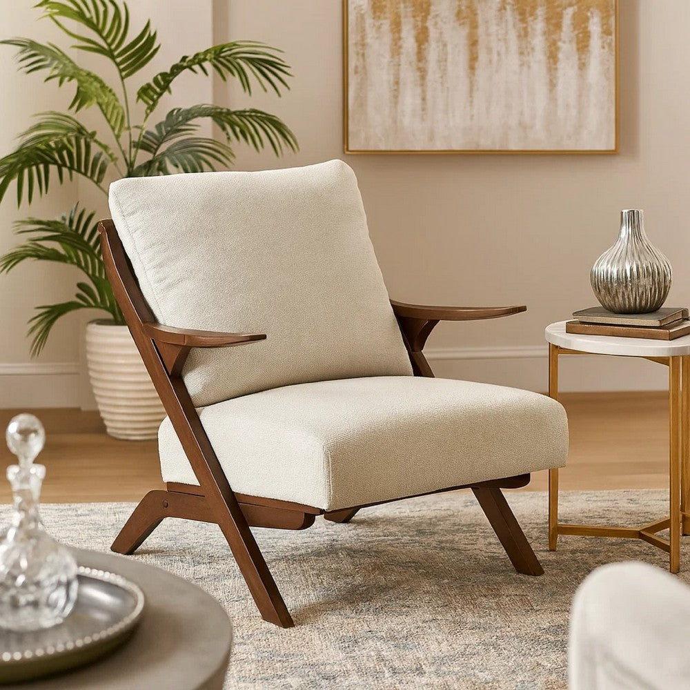 Lexi Accent Chair | Pascal Brown Slat Back | Foam Cushions | Beige Chenille