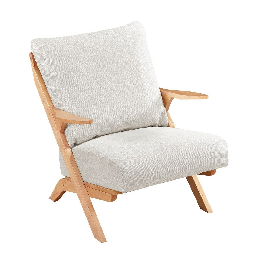 Lexi Accent Chair | Natural Brown Slat Back | Foam Cushions | Beige Chenille