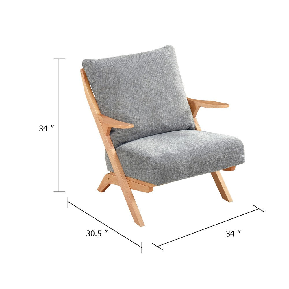 Lexi Accent Chair | Natural Brown Slat Back | Foam Cushions | Gray Chenille