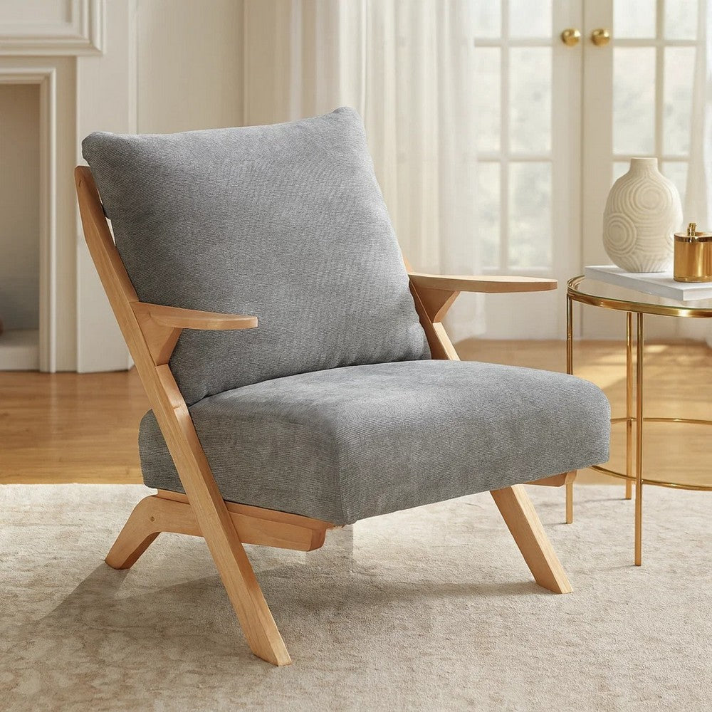 Lexi Accent Chair | Natural Brown Slat Back | Foam Cushions | Gray Chenille