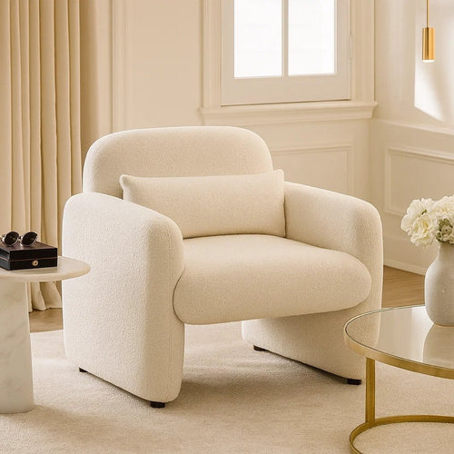Oham Accent Chair w Lumbar Pillow & Track Arms | Beige Boucle