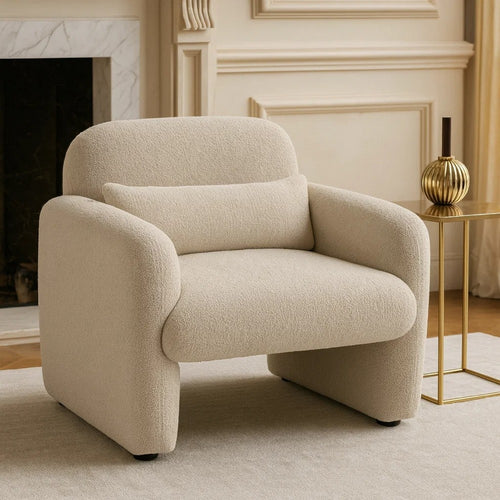 Oham Accent Chair w Lumbar Pillow & Track Arms | Taupe Brown Boucle