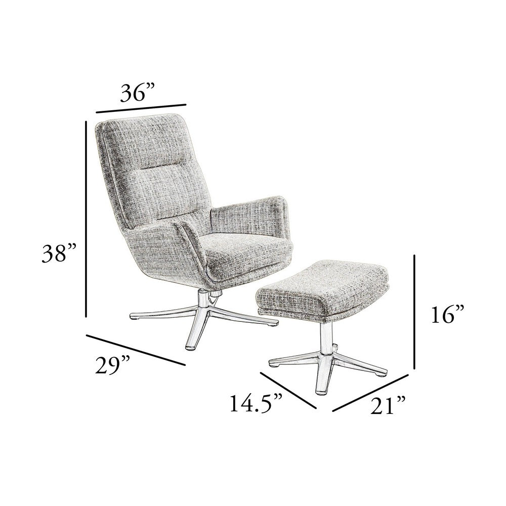 Arko 2pc Swivel Chair & Ottoman Set | Gray Chenille | Silver Star Base
