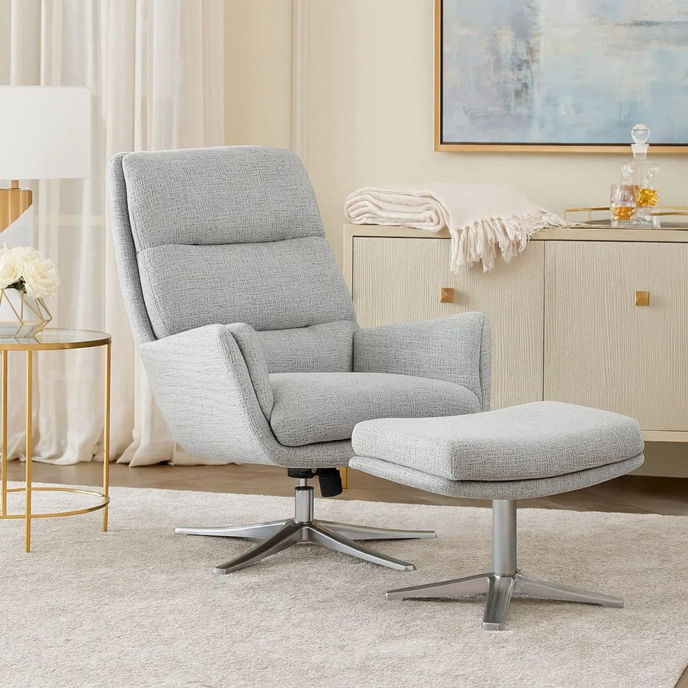 Arko 2pc Swivel Chair & Ottoman Set | Gray Chenille | Silver Star Base