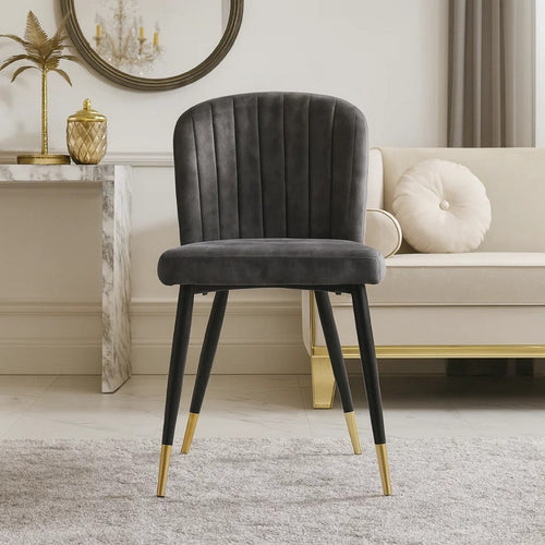 Clo Dining Side Chair Set of 2 | Channel Tufted Gray Velvet | Black Legs