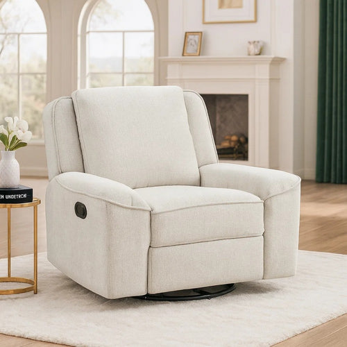 Ruma Swivel Manual Reclining Chair w Tab Pull | Beige Chenille Fabric