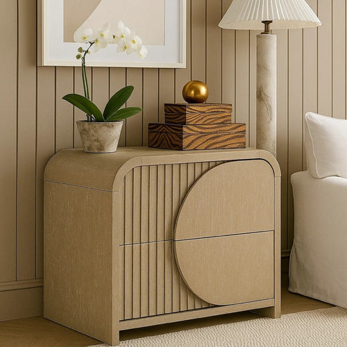 Tanya Nightstand with 2 Drawers | Reeded Panels | Natural Brown Wood