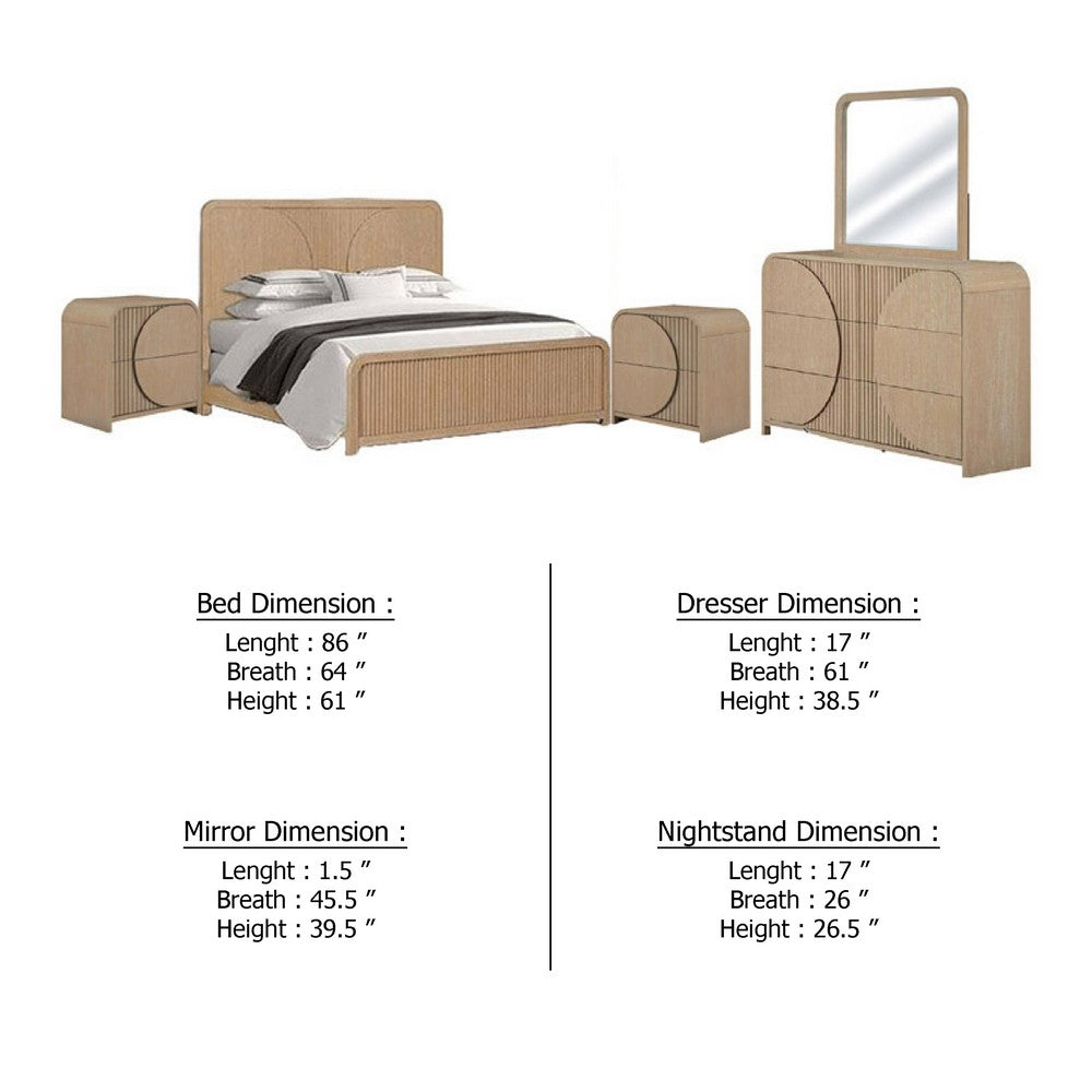 Tanya 5pc Queen Bedroom Set | 2 Nightstands Mirror | Reeded Brown Wood