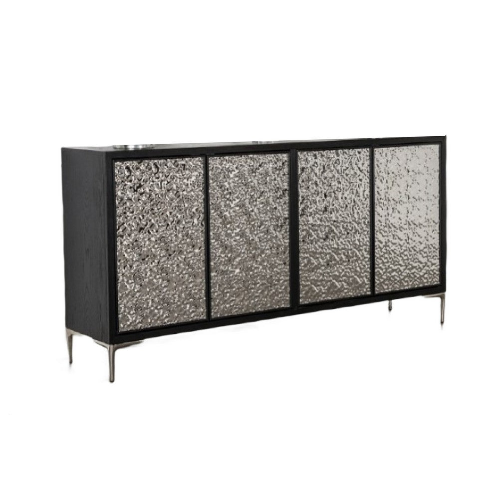 Betie Sideboard Buffet Cabinet, Textured Steel Metal Front, Black Wood