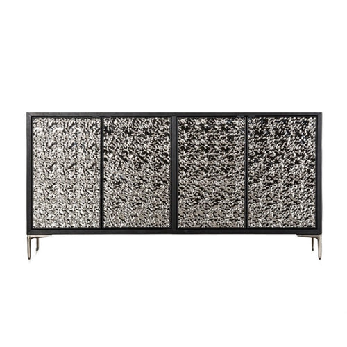 Betie Sideboard Buffet Cabinet, Textured Steel Metal Front, Black Wood