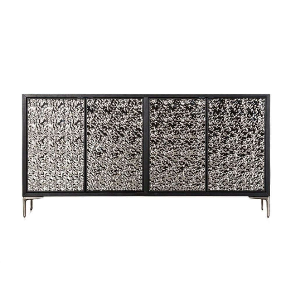 Betie Sideboard Buffet Cabinet, Textured Steel Metal Front, Black Wood