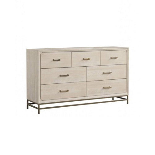 Rozie Wide Dresser with 7 Drawers | Light Oak Brown Solid Wood | Gold